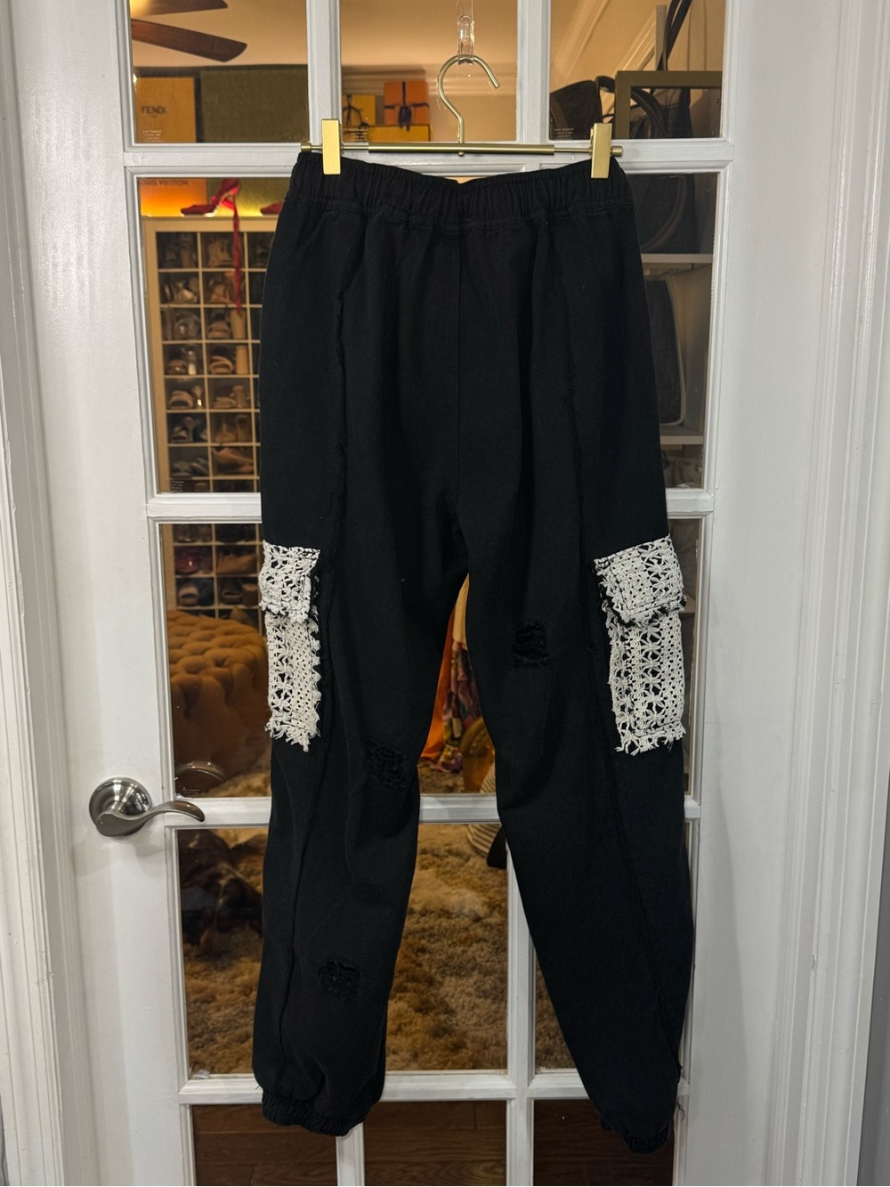 **NEW POL BESTSELLER Black Joggers with Cream Crochet Pockets boho distressed - Picture 7 of 10